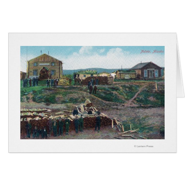 Uitzicht van Townpeople Around Cut WoodNulato, AK (Voorkant Horizontaal)