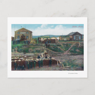 Uitzicht van Townpeople Around Cut WoodNulato, AK Briefkaart