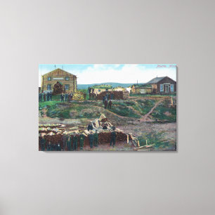 Uitzicht van Townpeople Around Cut WoodNulato, AK Canvas Afdruk