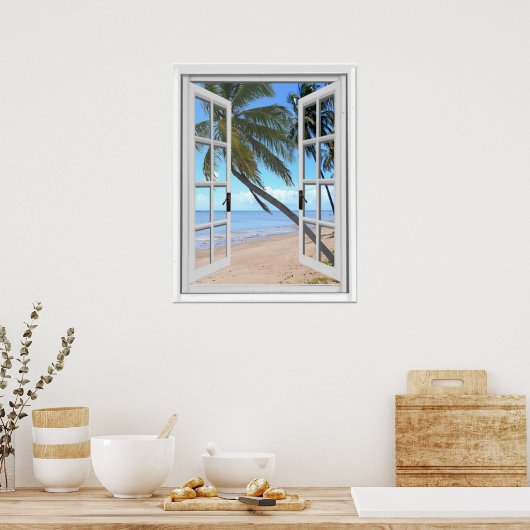 Uitzicht van Tranquil Palms en Ocean Artificial Wi Poster (Keuken)