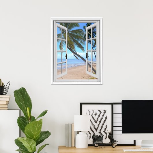 Uitzicht van Tranquil Palms en Ocean Artificial Wi Poster (Thuiskantoor)