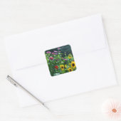 Uitzicht van tuinen, daisies, kosmos, zonnebloemen vierkante sticker (Envelop)
