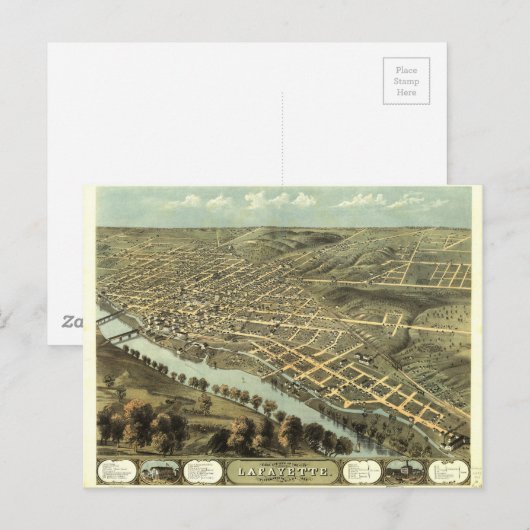 Uitzicht van vogeloog van Lafayette, Indiana (1868 Briefkaart (Voorkant / Achterkant)