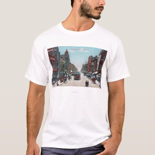 Uitzicht van Washington Street met Cable Cars T-shirt (Voorkant)