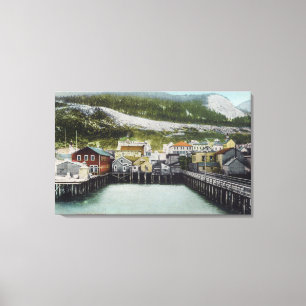 Uitzicht van Waterfront & TownDouglass, AK Canvas Afdruk