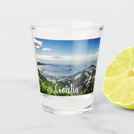 Uitzicht van zee uit bergen shot glas (Voorkant)