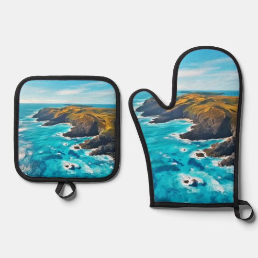 Uitzicht vanaf Ocean Cliffs: Wild Shore Ovenwant & Pannenlap Set (Voorkant)