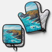 Uitzicht vanaf Ocean Cliffs: Wild Shore Ovenwant & Pannenlap Set (Voorkant / Achterkant)