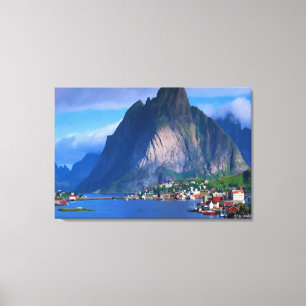 Uitzicht voor gebergte aan de kust; schilderwerk,  canvas afdruk
