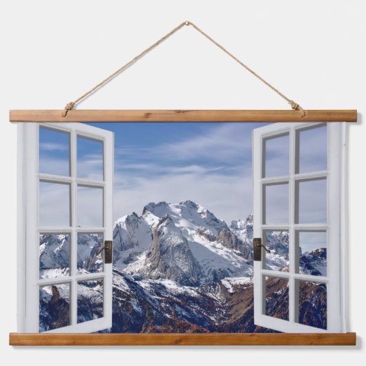 Uitzicht voor ruiten Snowy Mountains Wall Hangend Wandkleed (Voorkant)