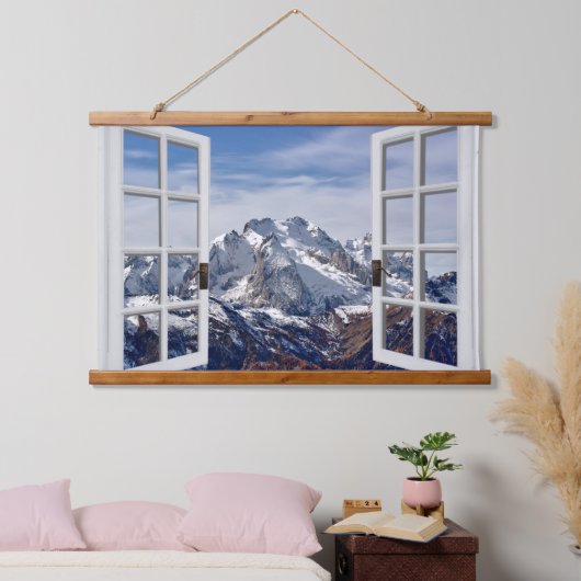 Uitzicht voor ruiten Snowy Mountains Wall Hangend Wandkleed (Slaapkamer)