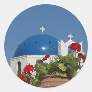 Uitzichten van de kerk op Santorini, Griekenland Ronde Sticker