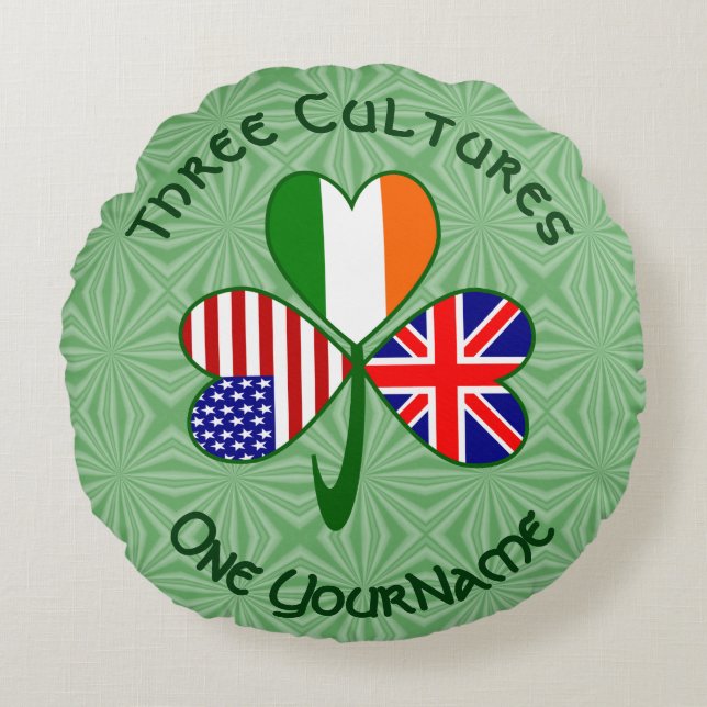 UK Ierland USA Vlaggen Shamrock Gepersonaliseerd Rond Kussen (Voorkant)