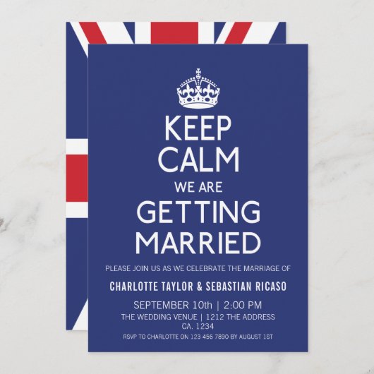 UK Keep Calm Wedding Britain Blue Crown Aankondiging (Voorkant / Achterkant)