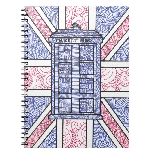 UK Police Box Union Jack Hand Illustrated Line Art Notitieboek (Voorkant)