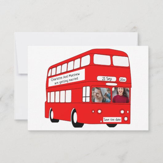 UK Red London Bus British Save the Date Wedding Aankondiging (Voorkant)