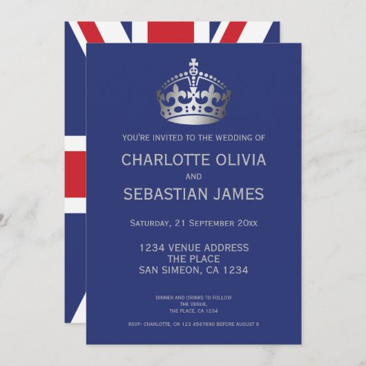 UK Union Jack Wedding Britain Blue Silver Crown Aankondiging (Voorkant / Achterkant)