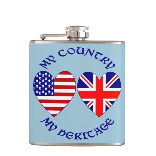 UK USA Hart Vlaggen Mijn Land Mijn Erfgoed Heupfles (Voorkant)