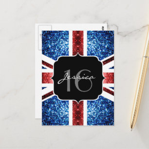 UK vlag rood blauw glinstert glitters Sweet 16 Briefkaart
