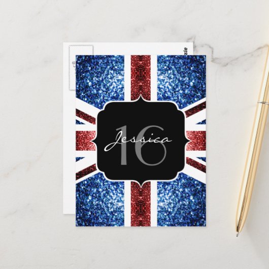 UK vlag rood blauw glitters glinstert Sweet 16 Briefkaart (Voorkant / Achterkant in situ)