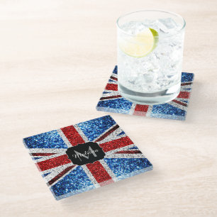 UK vlag rood blauw wit glitters glanst Monogram Glazen Onderzetter