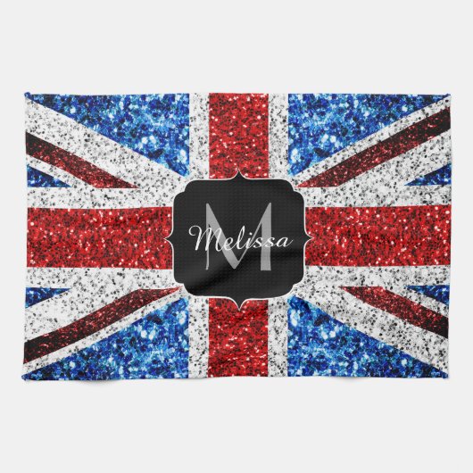 UK vlag rood blauw wit glitters glanst Monogram Theedoek (Horizontaal)