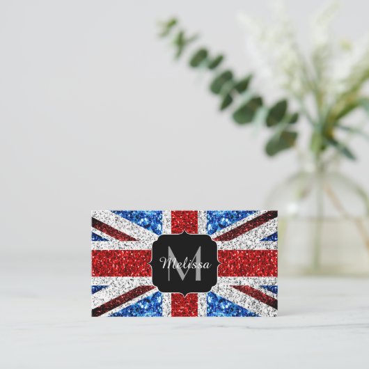 UK vlag rood blauw wit glitters glinstert Monogram Visitekaartje (Staand voorkant)