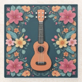 Ukelele Tropical Flowers Muziekinstrument  Glazen Onderzetter (Voorkant)