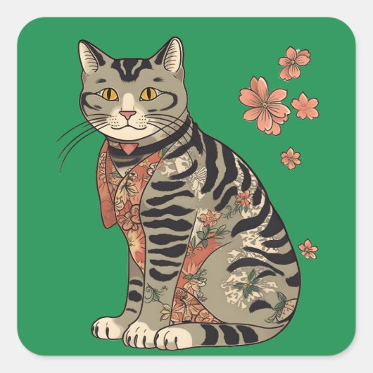 Ukiyo-e Cat en bloemen Pattern Vol.2 Vierkante Sticker (Voorkant)