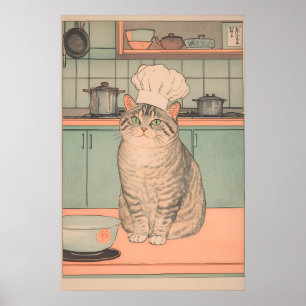 Ukiyo-e Kat Chef Print Japanse Keuken Kunst, Tabby