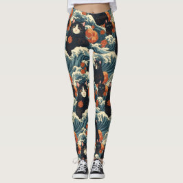 Ukiyo-e Katten van Kanagawa Patroon Leggings
