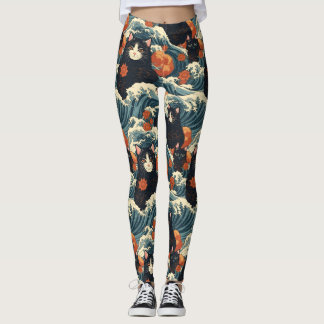 Ukiyo-e Katten van Kanagawa Patroon Leggings
