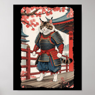 Ukiyo-e Samurai Cat in Kimono Sumi-e Ninja Poster