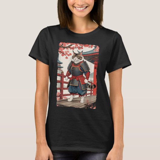 Ukiyo-e Samurai Cat in Kimono Sumi-e Ninja T-shirt (Voorkant)