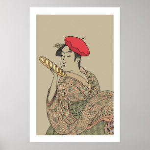 Ukiyo-e Schoonheid met Franse Baret en Baguette Poster
