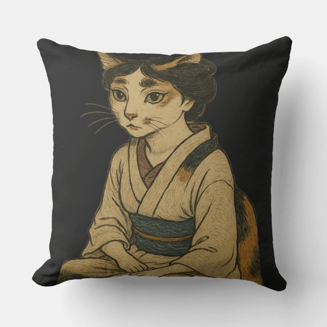 Ukiyo-e style calico cat cover kussen (Voorkant)