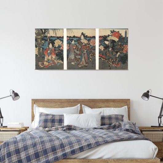 Ukiyo-e Triptych: Een tuin vol ponden Canvas Afdruk (Insitu (Slaapkamer))