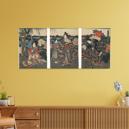 Ukiyo-e Triptych: Een tuin vol ponden Canvas Afdruk (Insitu (Woonkamer))