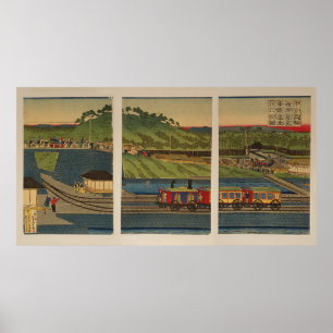 Ukiyo-e Triptych: stoomtrein in Takanawa Seashore Poster
