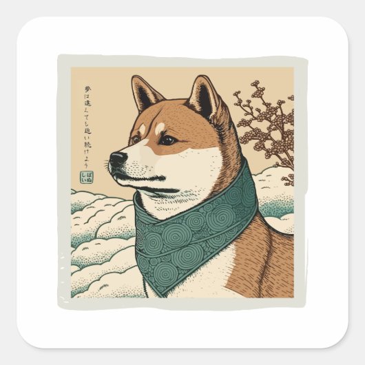 UKIYOE JAPANESE: SHIBA INU VIERKANTE STICKER (Voorkant)