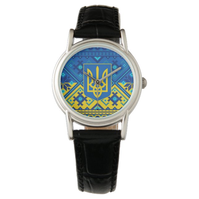 Ukrainian Coat of Arms & Vushuvanka folk art.  Horloge (Voorkant)