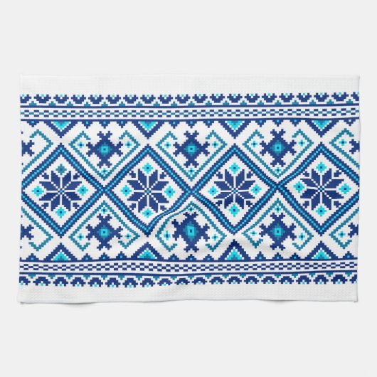 Ukrainian traditional vushuvanka folk pattern blue theedoek (Horizontaal)