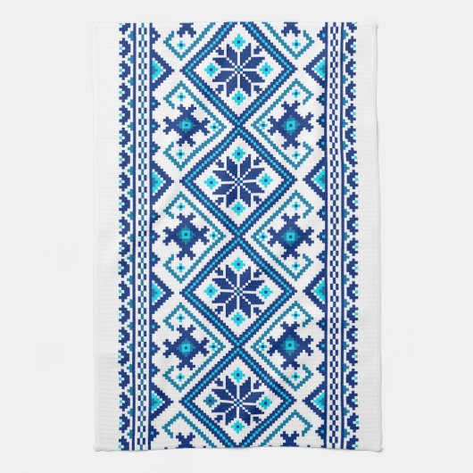 Ukrainian traditional vushuvanka folk pattern blue theedoek (Verticaal)