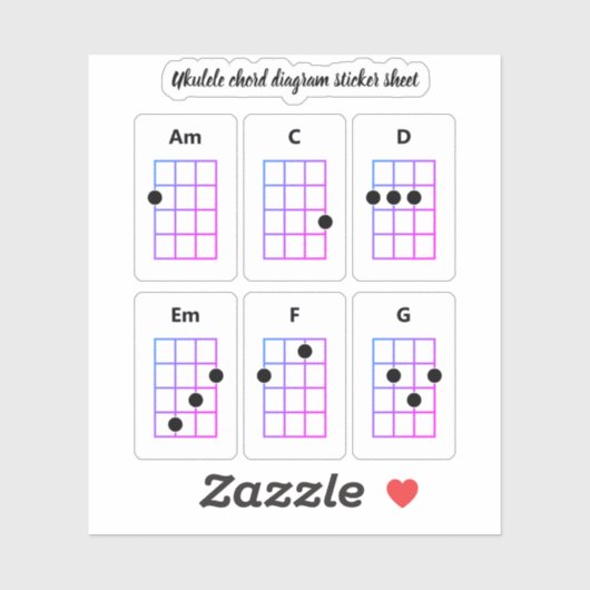 Ukulele Chord Sticker Blad | AM C D e m F G (Vel)