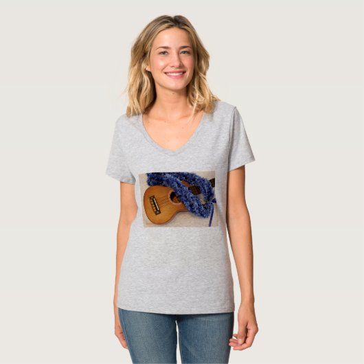 Ukulele en Blue Lei T-shirt (Voorkant volledig)