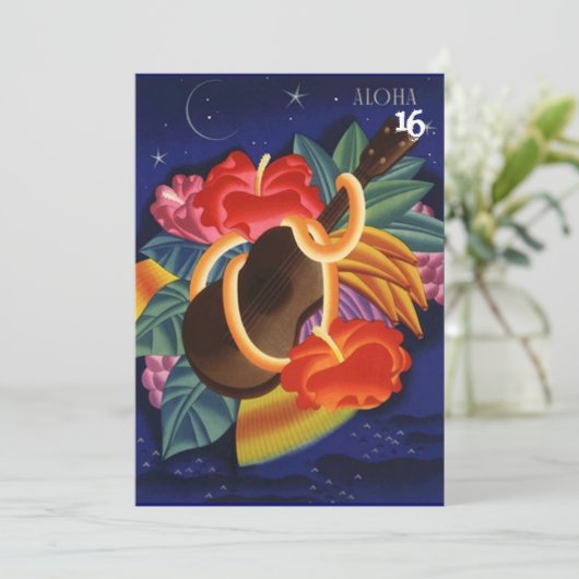 UKULELE HIBISCUS ALOHA SWEET 16 PARTIJINVITATIE KAART (Staand voorkant)
