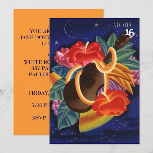 UKULELE HIBISCUS ALOHA SWEET 16 PARTIJINVITATIE KAART (Voorkant / Achterkant)