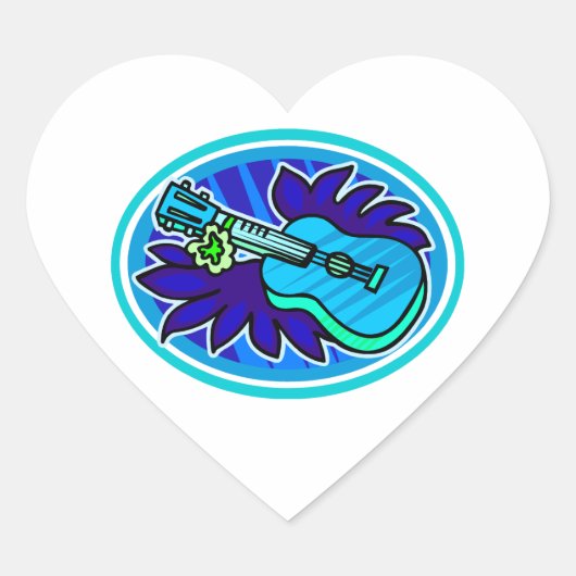 Ukulele met bladeren en bloemen, blauw hart sticker (Voorkant)