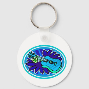 Ukulele met bladeren en bloemen, blauw sleutelhanger