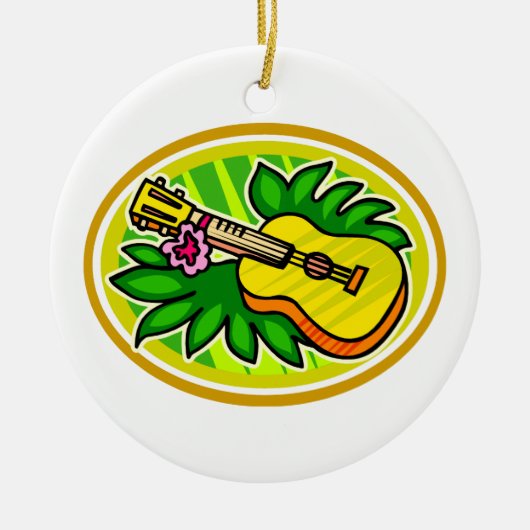 Ukulele met bladeren en bloemen, geel keramisch ornament (Voorkant)